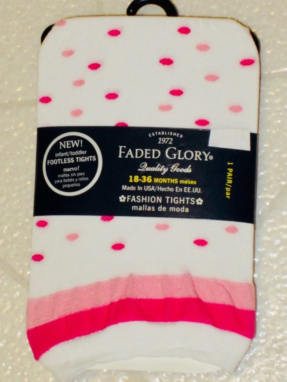 Faded Glory Girls Fashion Tights Toddler Size 18-36 Mo Footless White Pink Dots